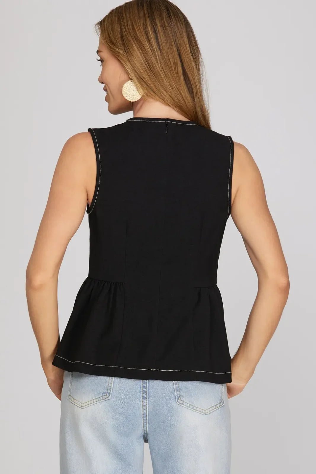 Denim Knit Peplum Sleeveless Top - High Call Outfitters