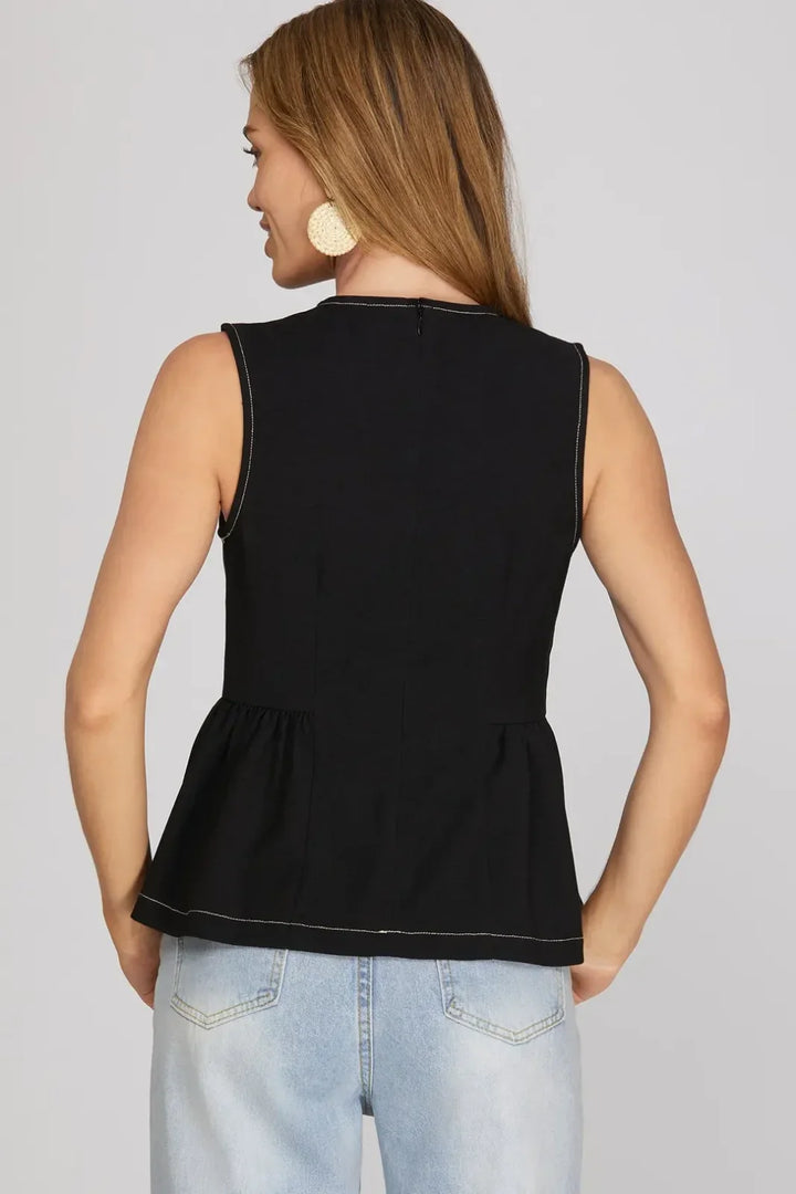 Denim Knit Peplum Sleeveless Top