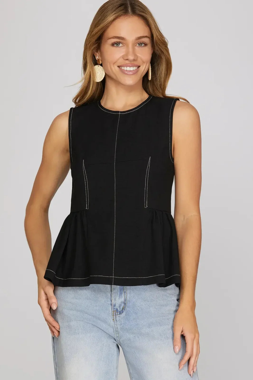 Denim Knit Peplum Sleeveless Top