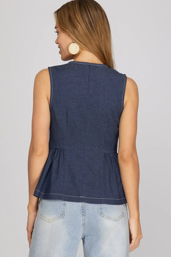 Denim Knit Peplum Sleeveless Top