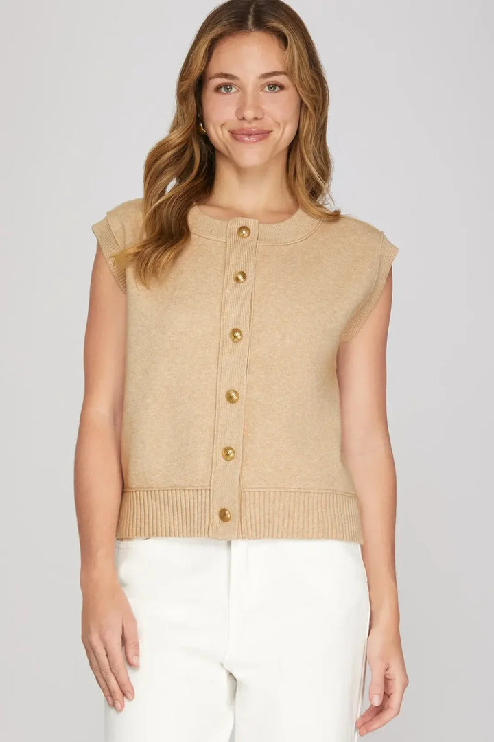 Button Front Sleeveless Sweater Knit Top
