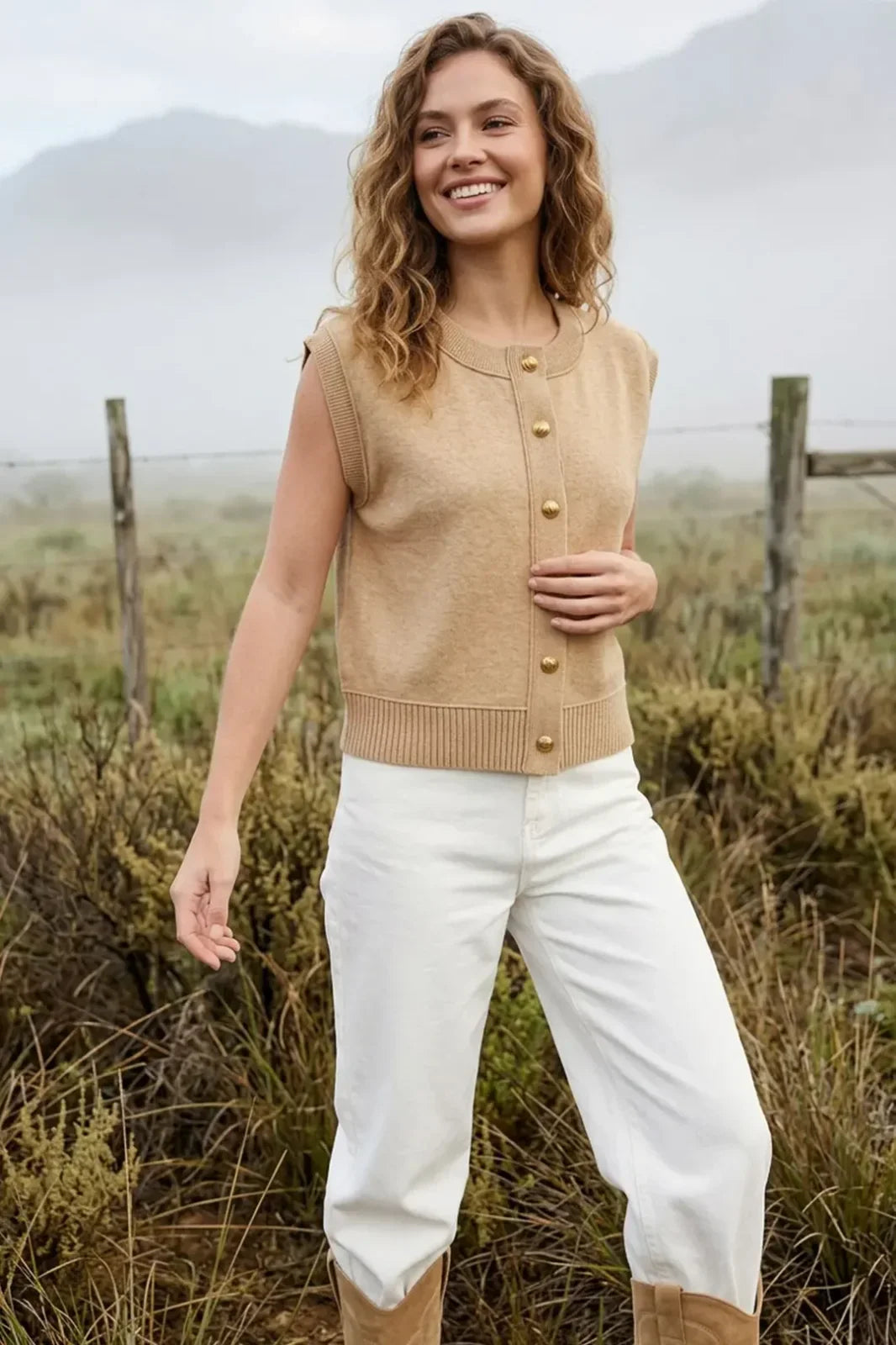 Button Front Sleeveless Sweater Knit Top
