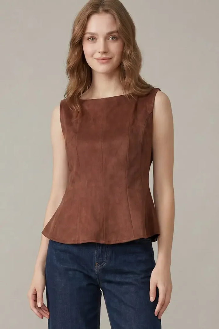 Sleeveless Peplum Faux Suede Top