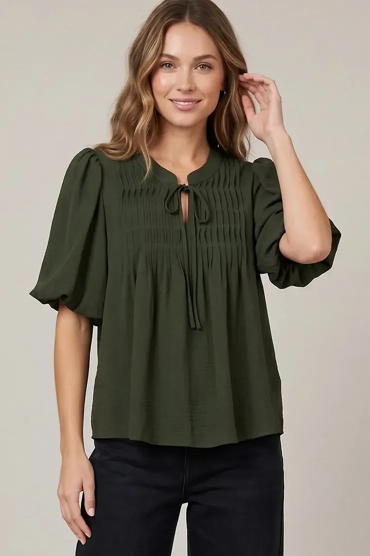 Pintuck Tie Front Top