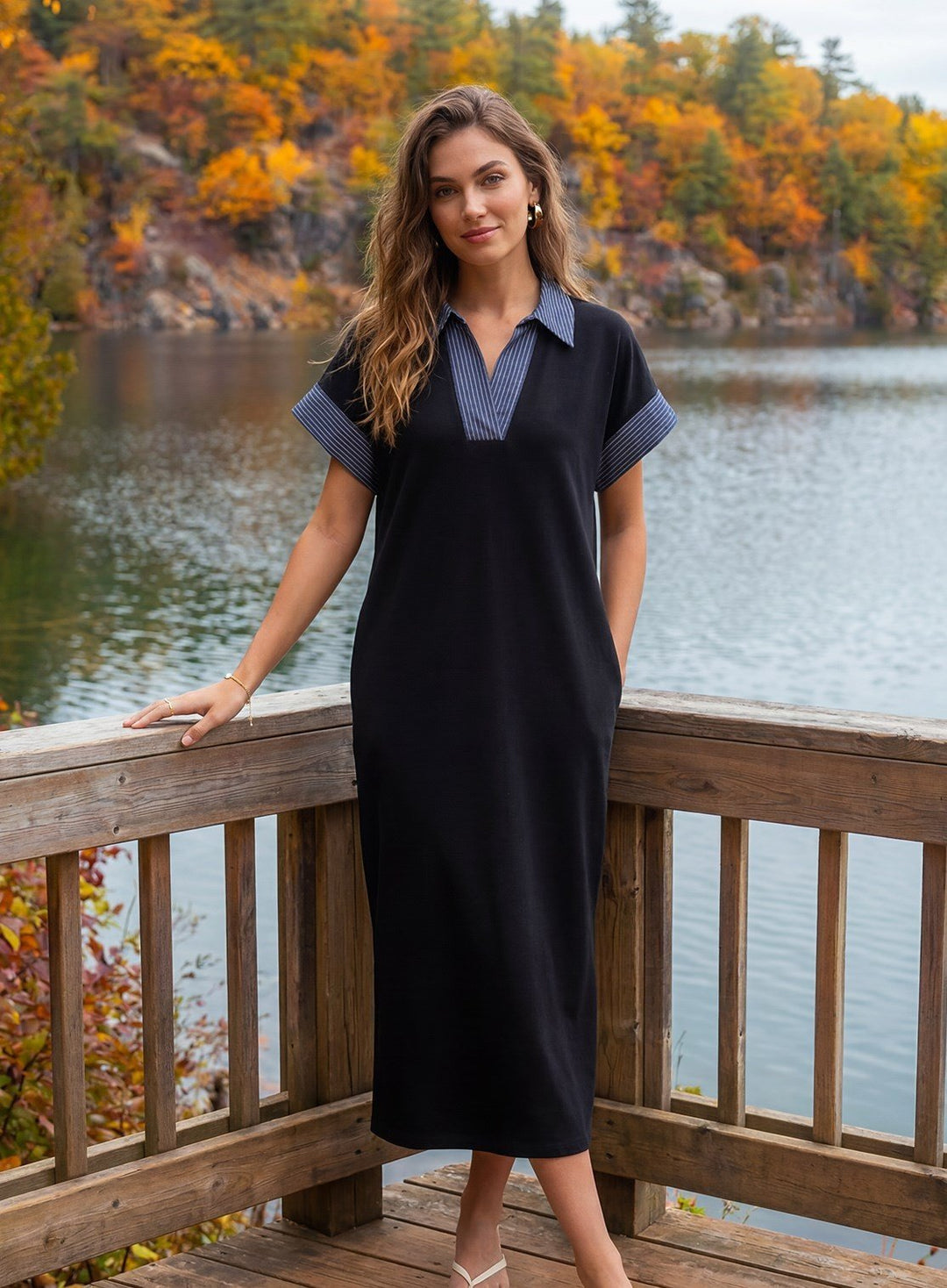 Contrast Collar Knit Midi Dress