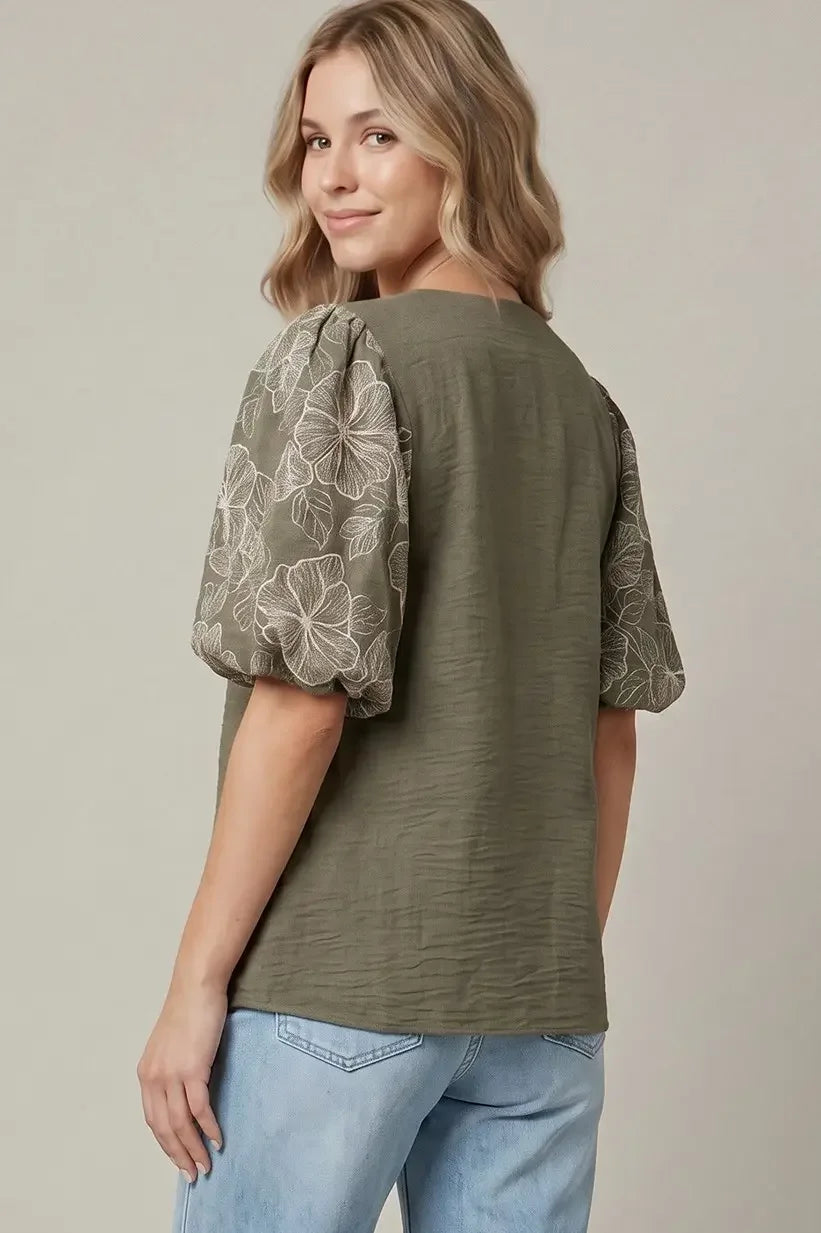 Embroidered Puff Sleeve Top - High Call Outfitters