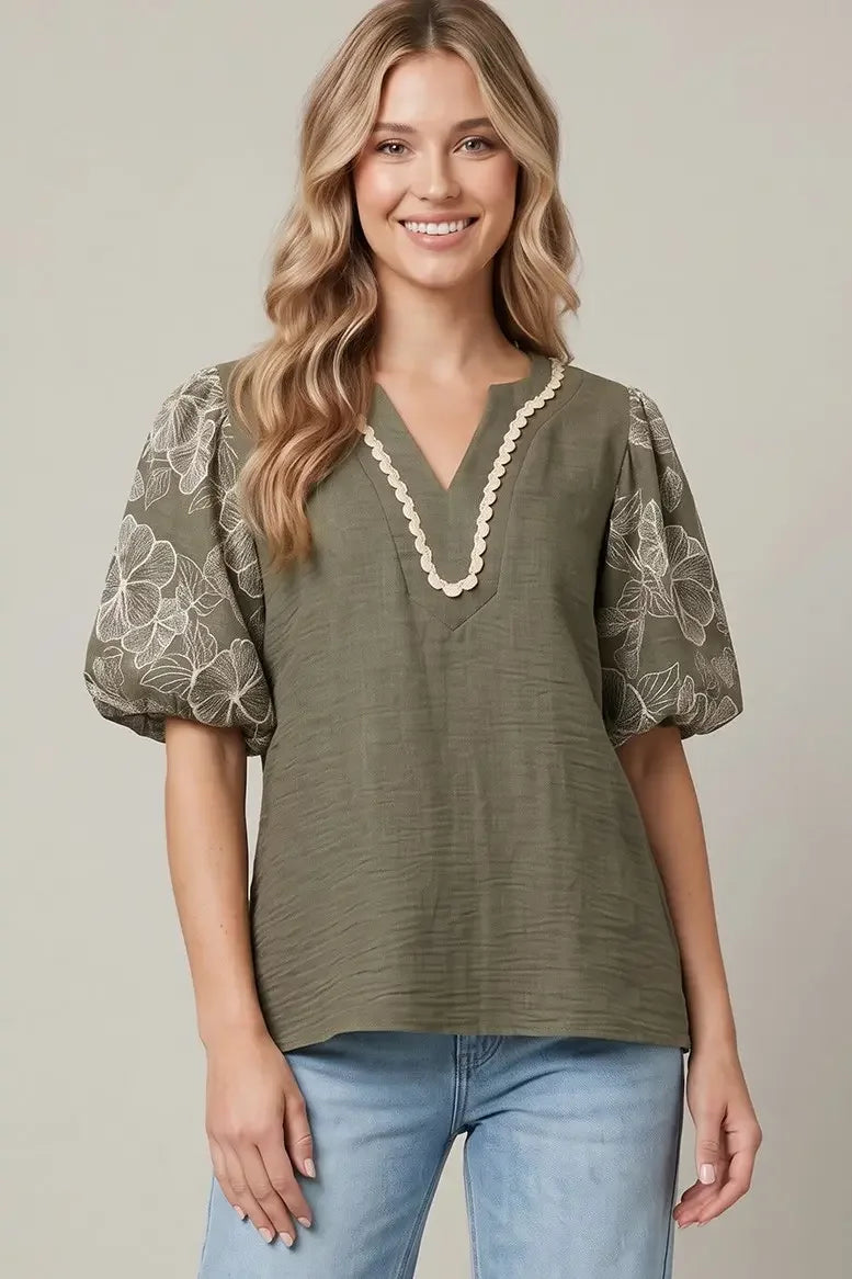 Embroidered Puff Sleeve Top - High Call Outfitters