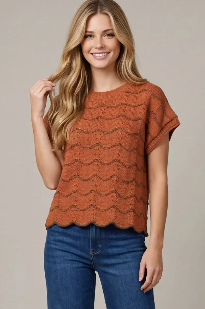 Scallop Stripe Patterned Sweater Knit Top - High Call Outfitters