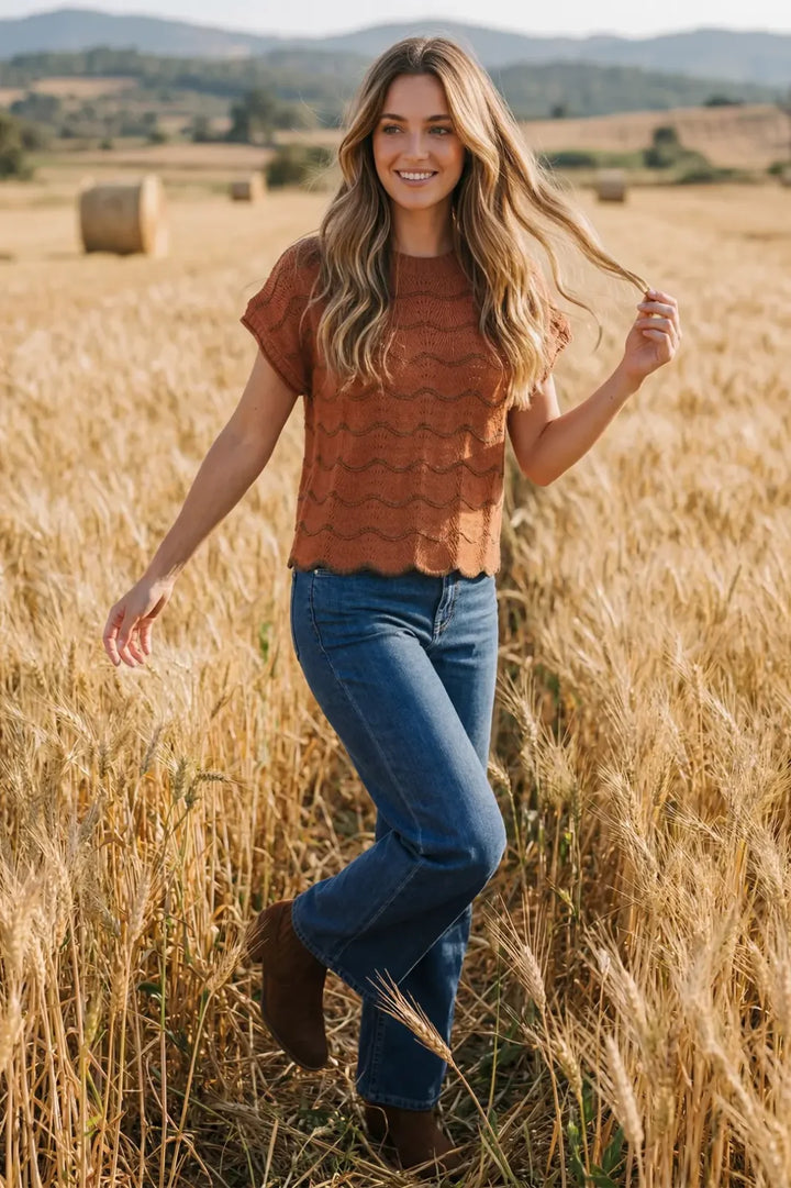 Scallop Stripe Patterned Sweater Knit Top - High Call Outfitters