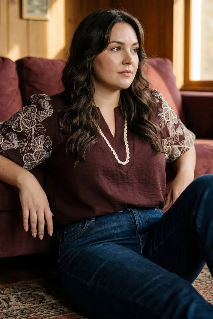 Embroidered Puff Sleeve Top - High Call Outfitters