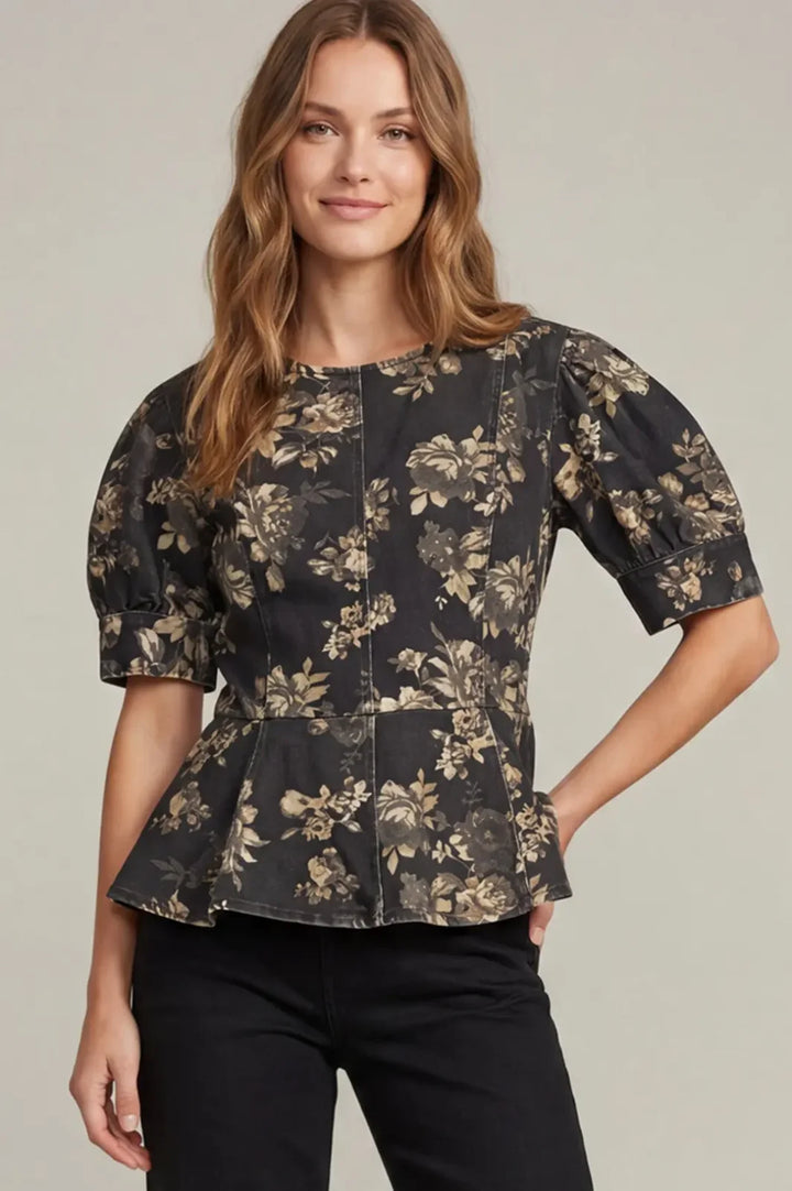 Antique Floral Print Peplum Top