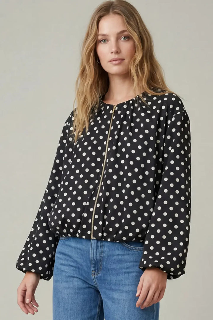 Polka Dot Zip Up Satin Jacket - High Call Outfitters