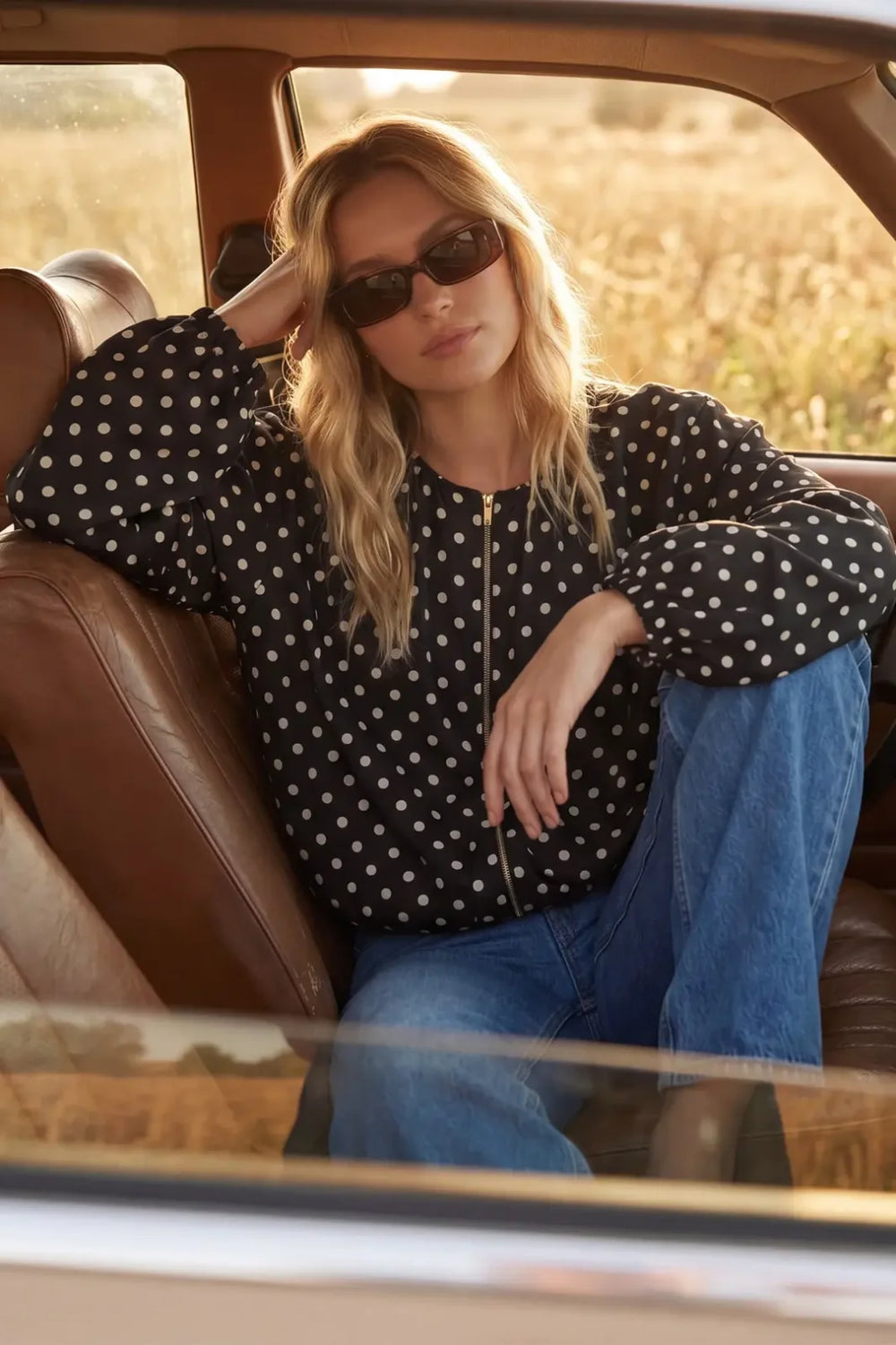 Polka Dot Zip Up Satin Jacket - High Call Outfitters