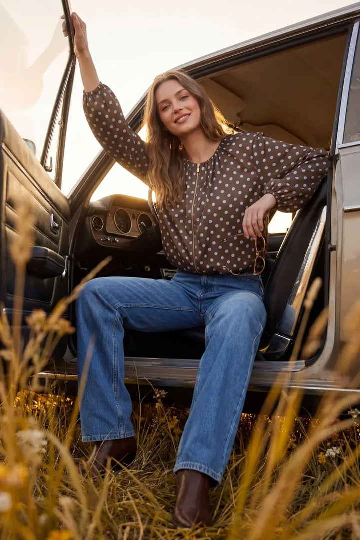 Polka Dot Zip Up Satin Jacket