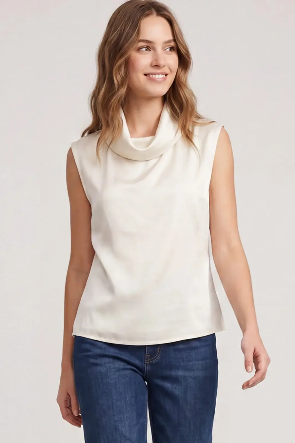 Sleeveless Drape Mock Neckline Satin Top - High Call Outfitters