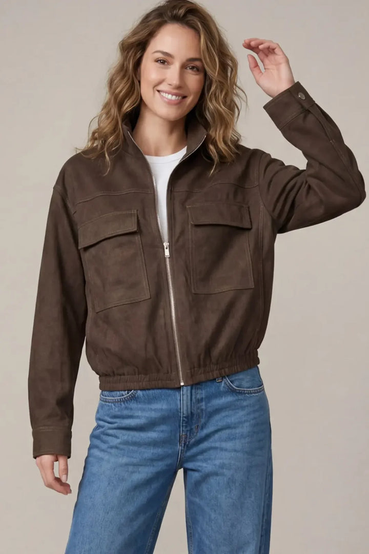Faux Suede Zip Front Utility Jacket