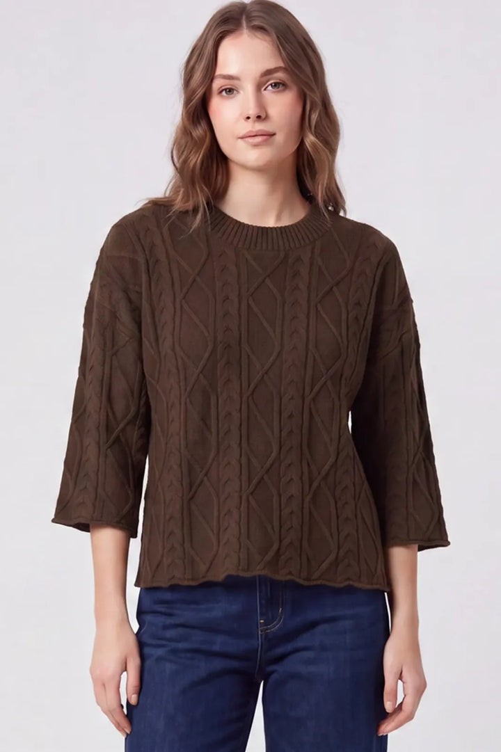 3/4 Sleeve Cable Knit Sweater
