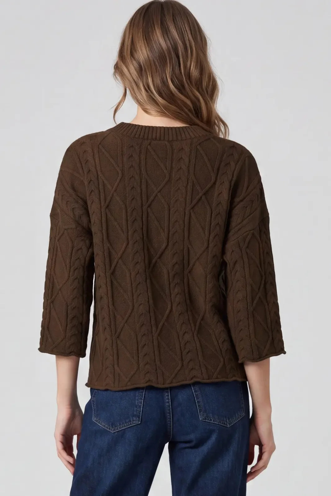 3/4 Sleeve Cable Knit Sweater