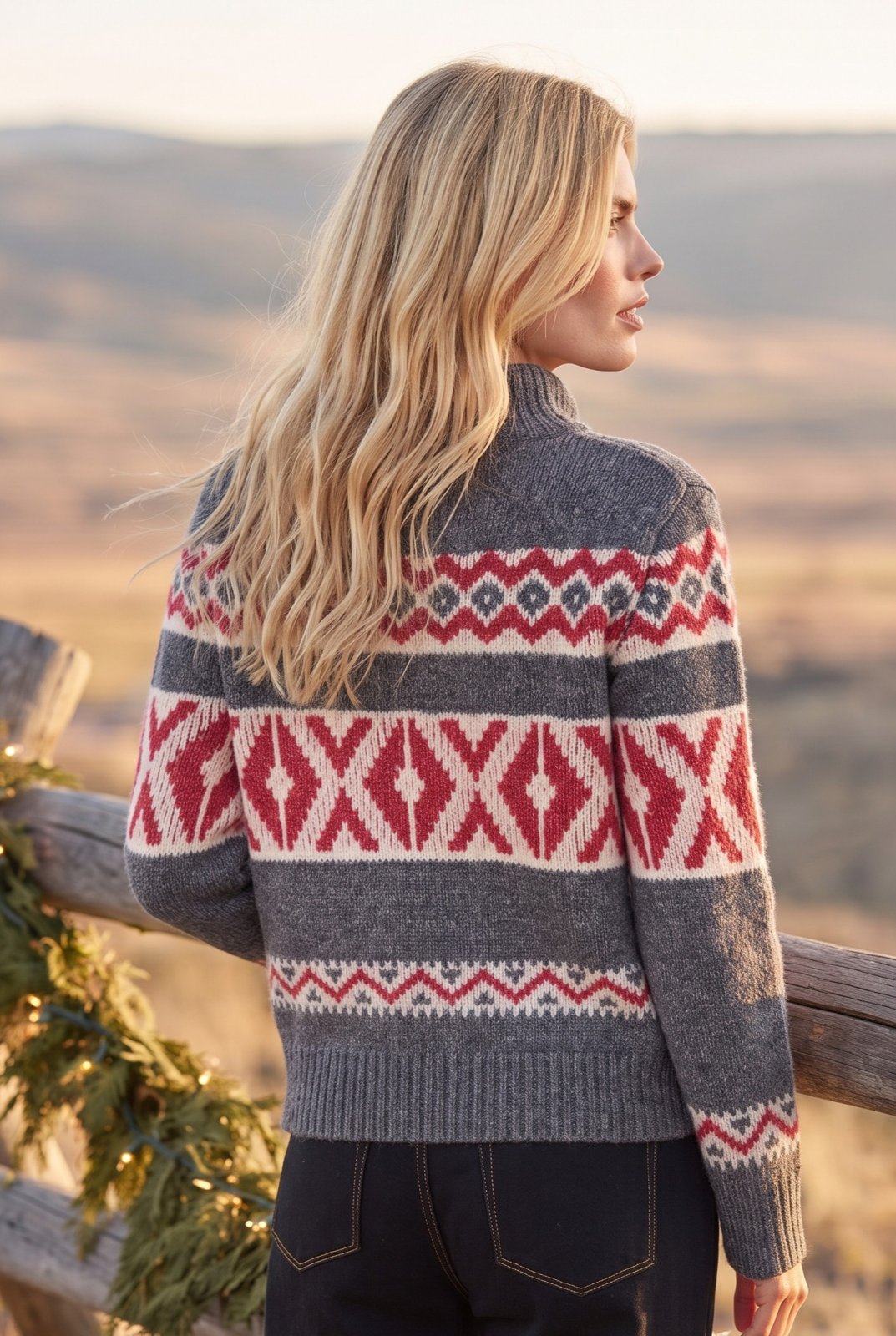 Mock Neck Jacquard Zip Front Sweater from Karen Kane