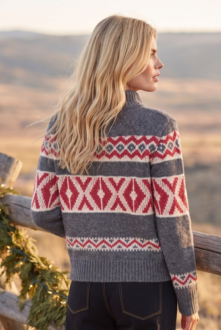 Mock Neck Jacquard Zip Front Sweater from Karen Kane