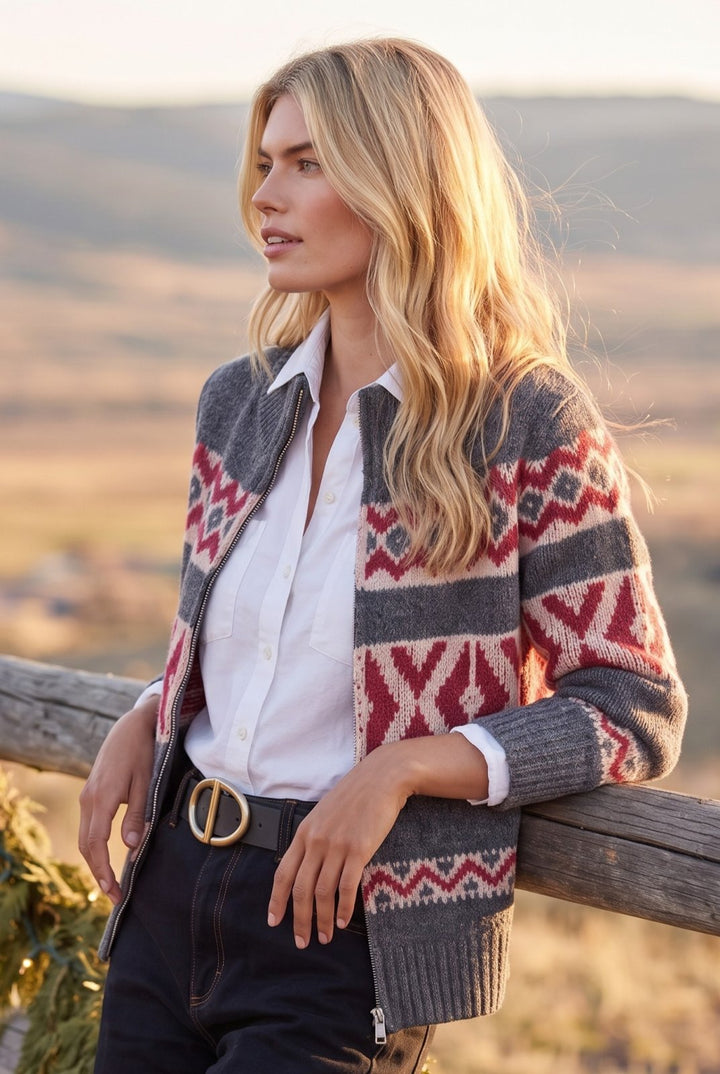 Mock Neck Jacquard Zip Front Sweater from Karen Kane
