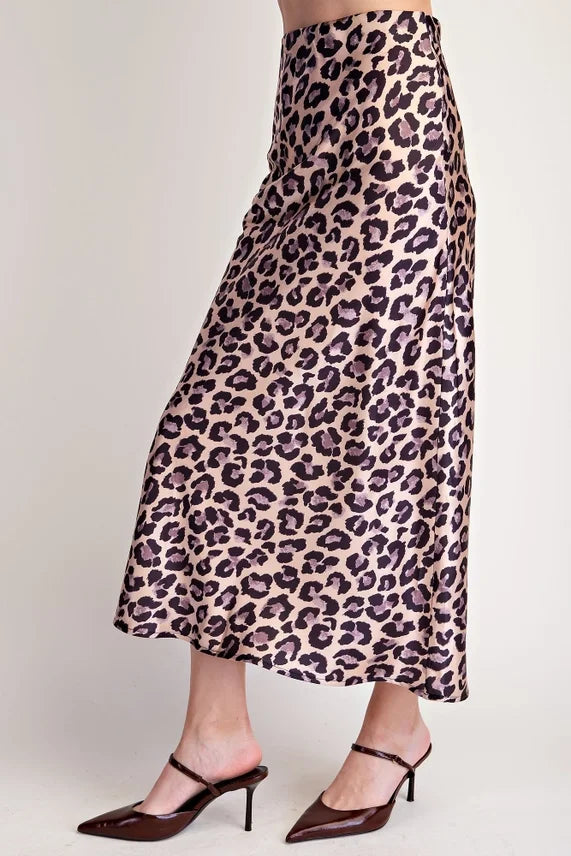 Satin Leopard Print Midi Skirt