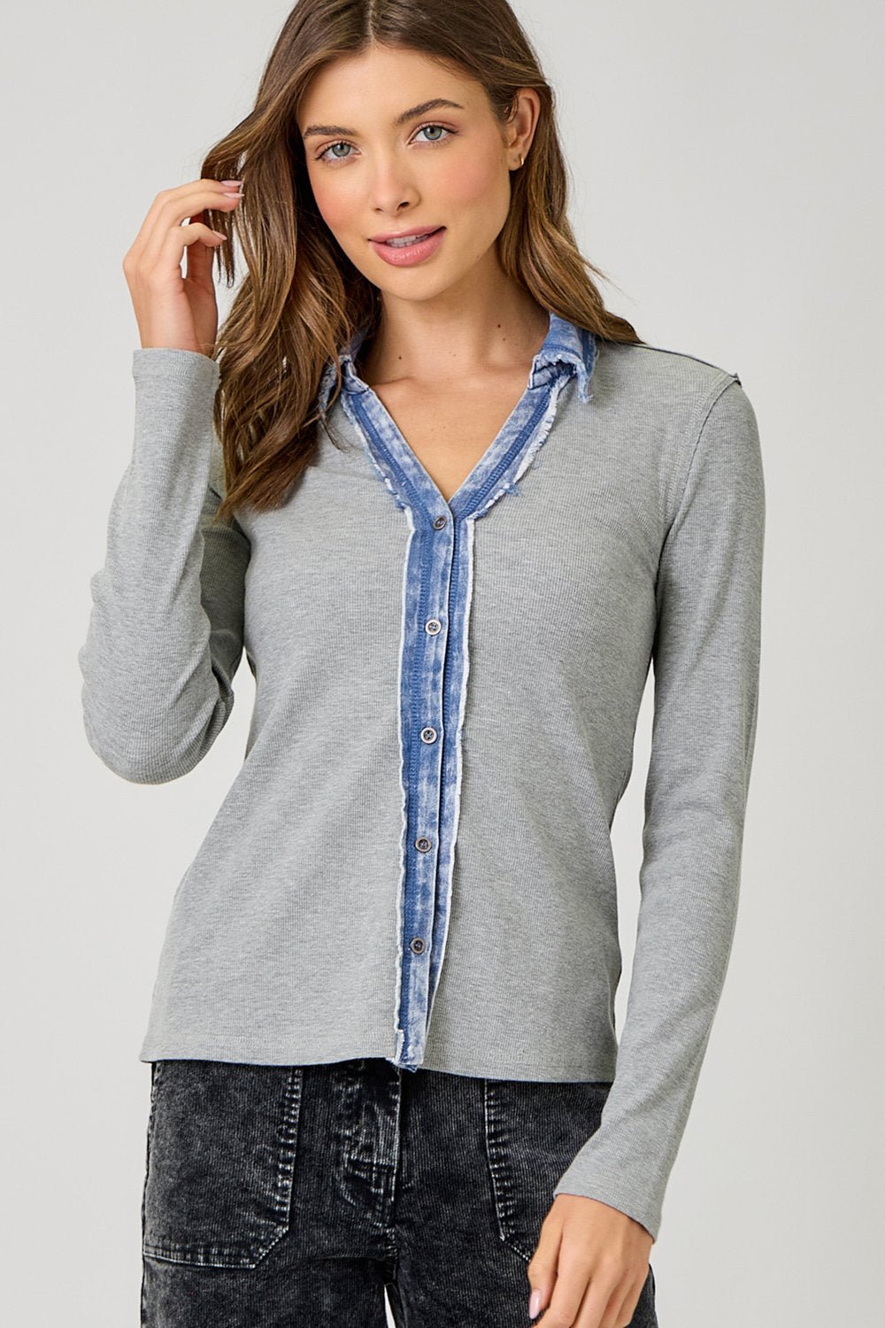 Washed Thermal Button Down Knit Top - High Call Outfitters