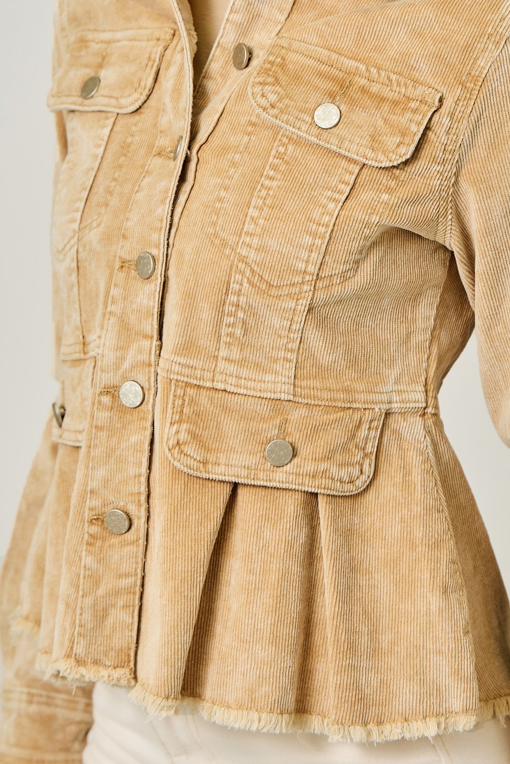 Peplum Washed Corduroy Denim Jacket - High Call Outfitters