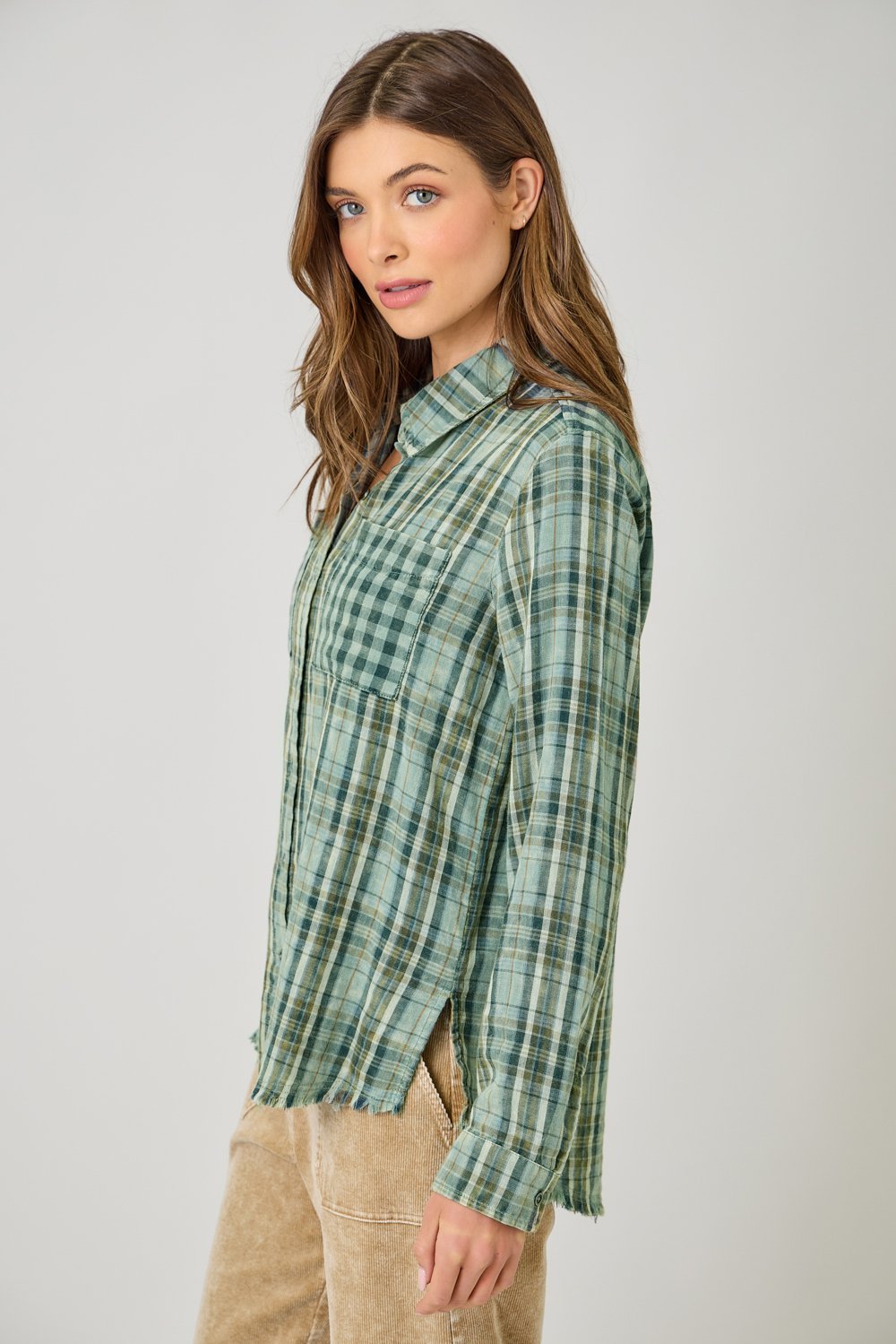 Fringe Detail Washed Plaid Shirt - High Call Outfitters