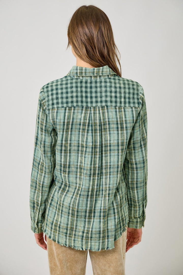 Fringe Detail Washed Plaid Shirt