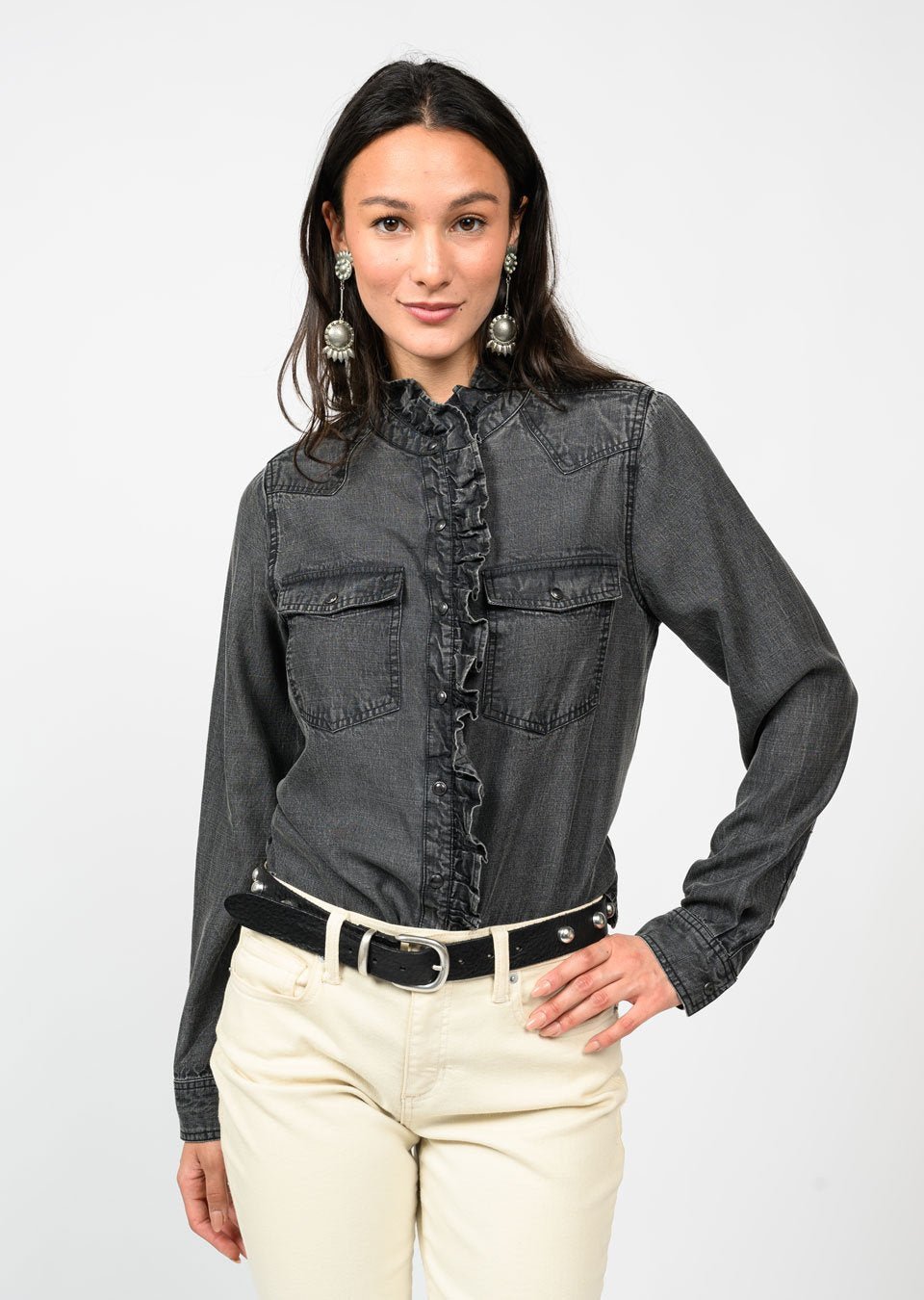Denim Ruffle Snap Shirt from Ivy Jane - High Call Outfitters