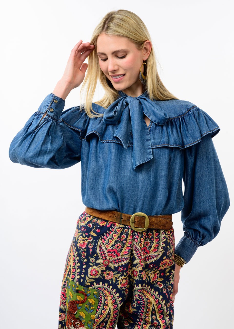 Denim Bow Ruffle Yoke Long Sleeve Top from Ivy Jane