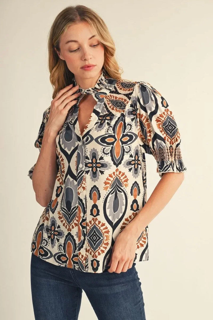 Boho Print Puff Sleeve Top