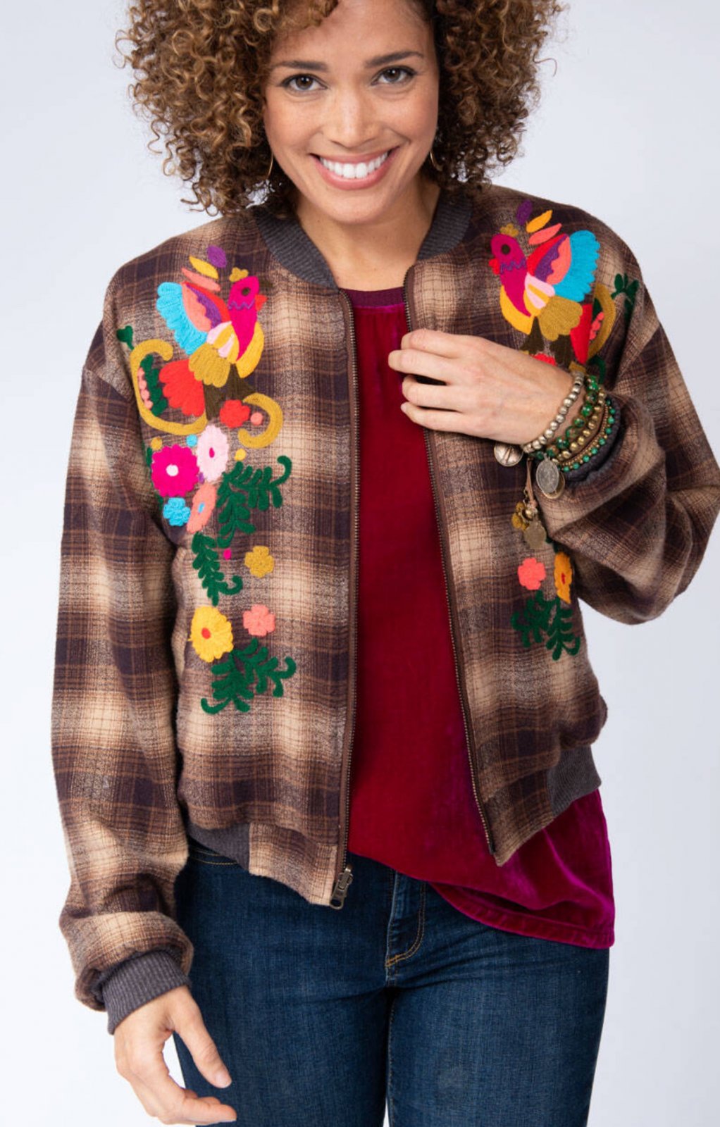 Ladies Zip Front Bomber Jacket with Colorful Embroidery from Ivy Jane
