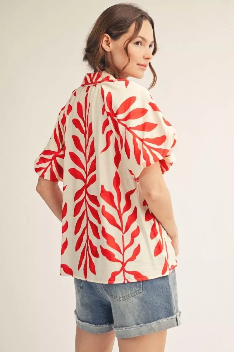 Leaf Print Bubble Sleeve Top - High Call Outfitters
