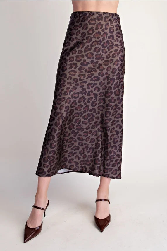 Satin Leopard Print Midi Skirt