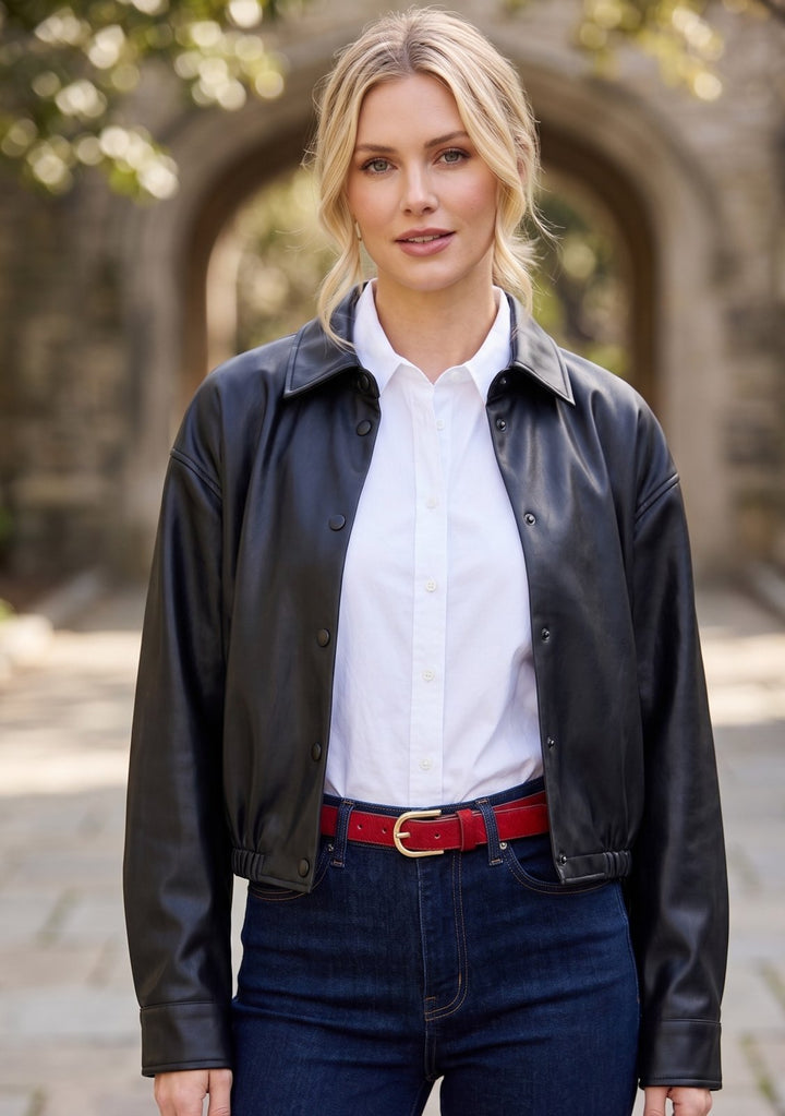 Cropped Faux Leather Bomber Jacket
