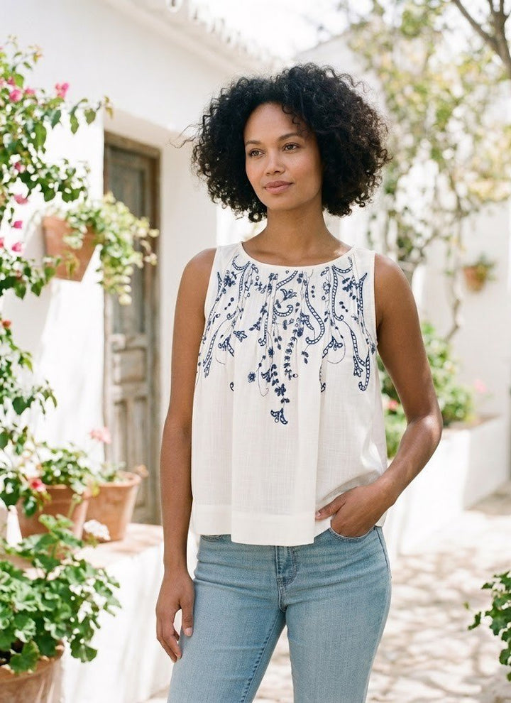 Embroidered Sleeveless Pleated Top from Liverpool - High Call Outfitters