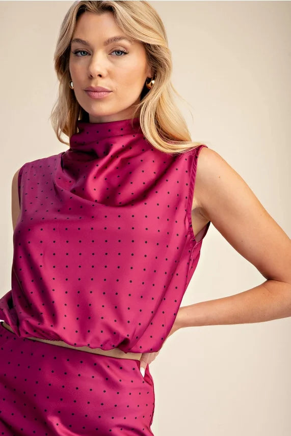 Polka Dot Satin Sleeveless Bubble Top