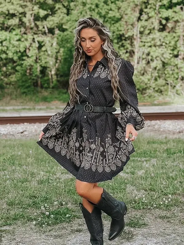 Pearl Snap Pleated Dress - High Call Outfitters