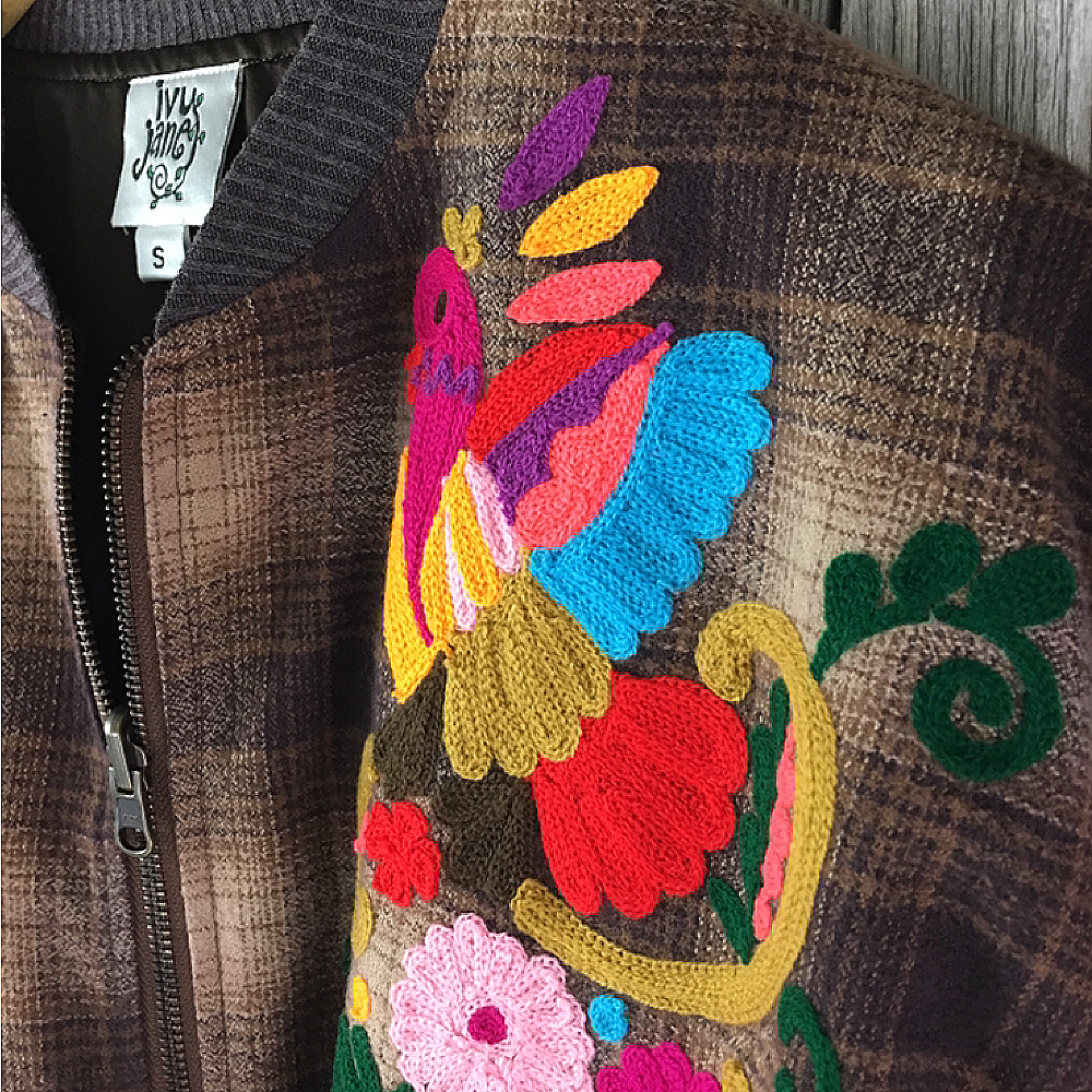 Ladies Zip Front Bomber Jacket with Colorful Embroidery from Ivy Jane