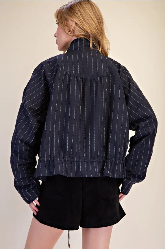 Double Zipper Funnel Neck Stripe Jacket