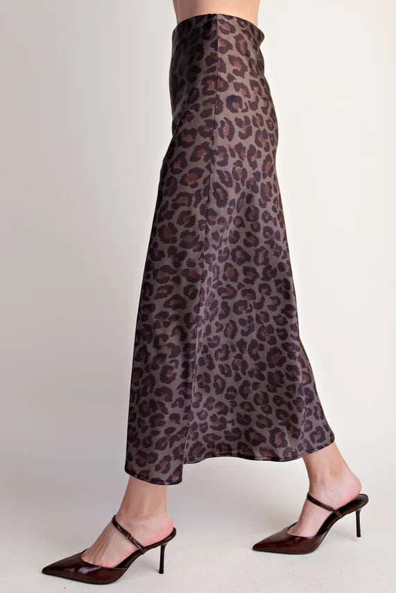 Satin Leopard Print Midi Skirt