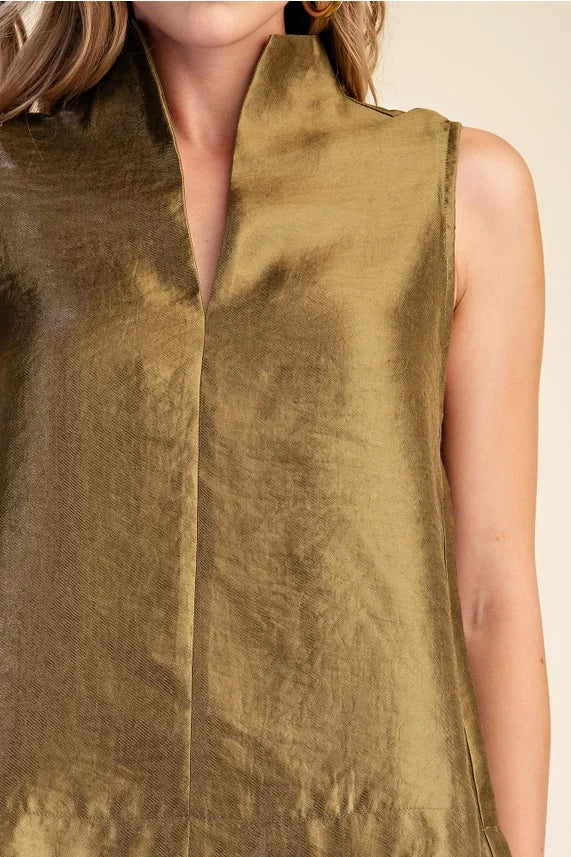 Stand Collar V Neck Satin Sleeveless Top