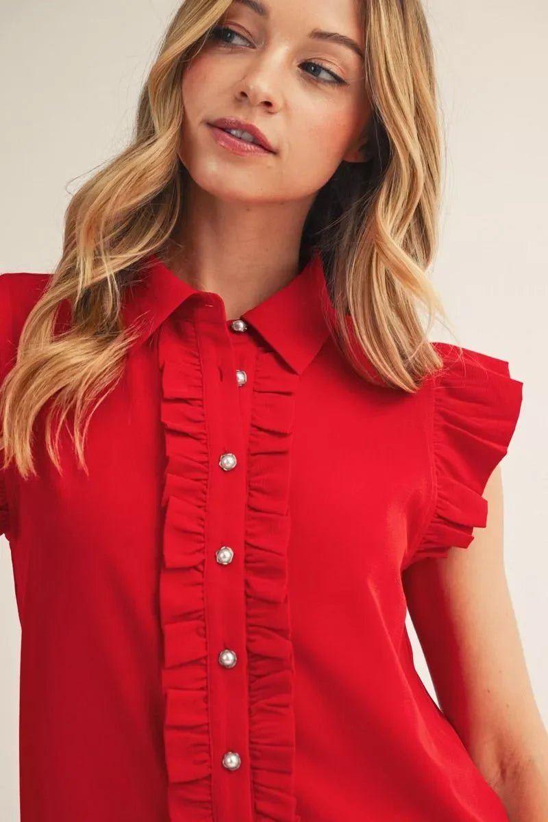 Ruffle Trim Button Front Top - High Call Outfitters