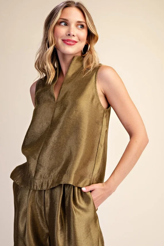 Stand Collar V Neck Satin Sleeveless Top