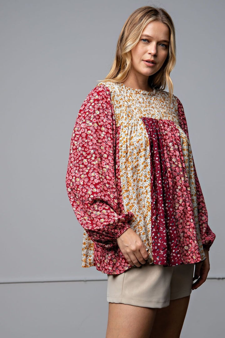 Smocked Yoke Mixed Print Top