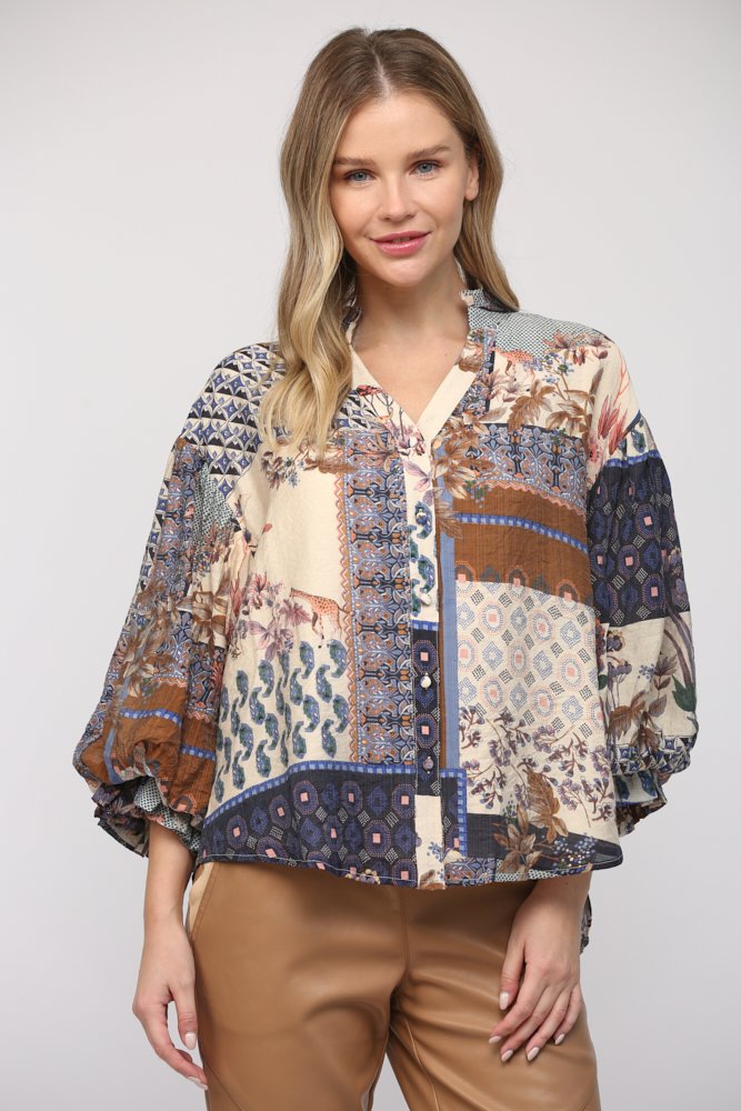 Patchwork Print Bubble Sleeve Top