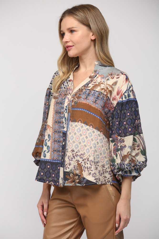Patchwork Print Bubble Sleeve Top - High Call Outfitters
