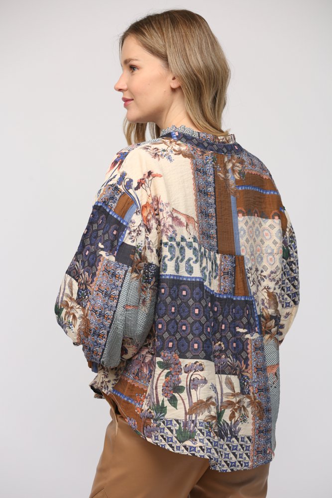 Patchwork Print Bubble Sleeve Top